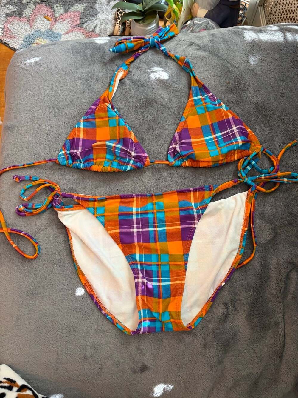 Anchor Blue Multi-Color Plaid Print Bikini Set